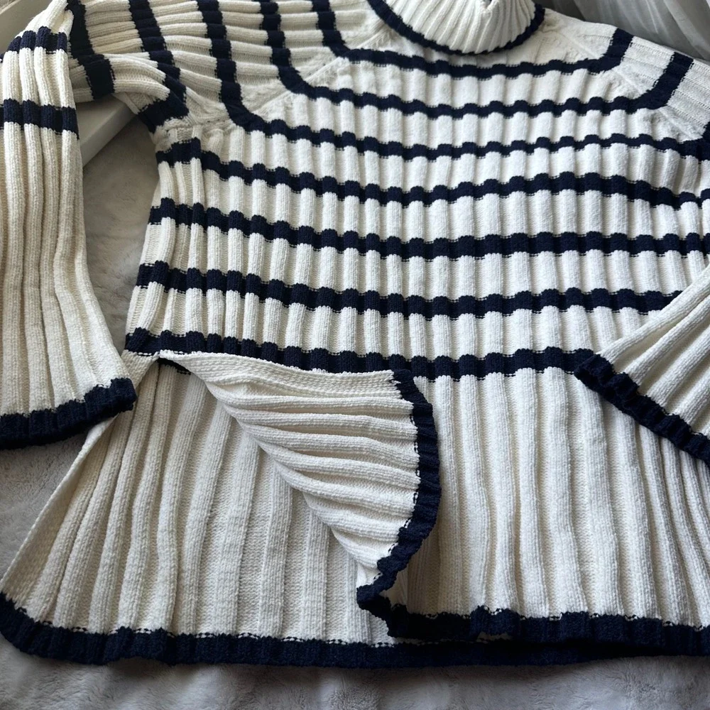 Coquette Chunky Ribbed Turtleneck Sweater Bell Sleeves Blue White Striped